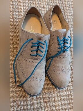 Cole Haan Taupe Suede‎ Wingtip Oxfords with Blue Laces- 0004